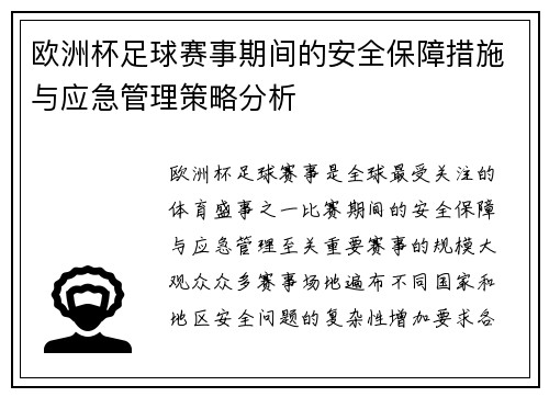 欧洲杯足球赛事期间的安全保障措施与应急管理策略分析