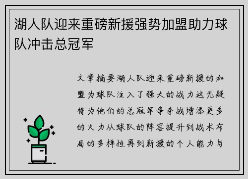 湖人队迎来重磅新援强势加盟助力球队冲击总冠军