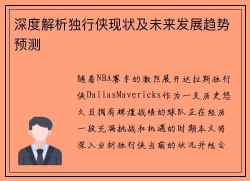 深度解析独行侠现状及未来发展趋势预测